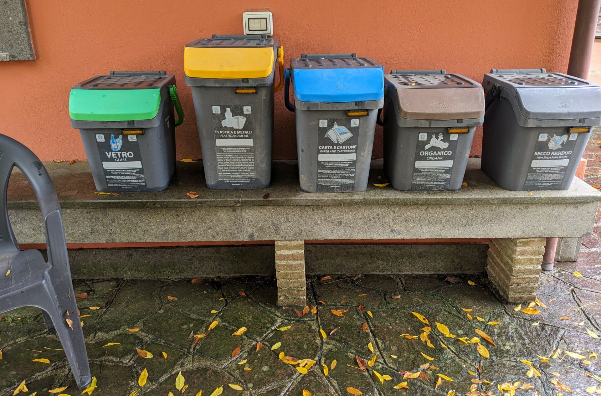 5 small bins for glass, plastic/metal, paper, compost, and other.